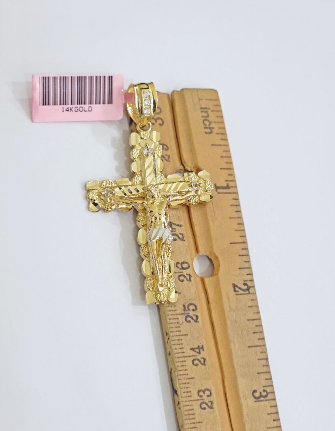 14k Yellow Gold Cross Nugget Pendant Jesus Crucifix 2 Inch 14kt Charm Men's REAL
