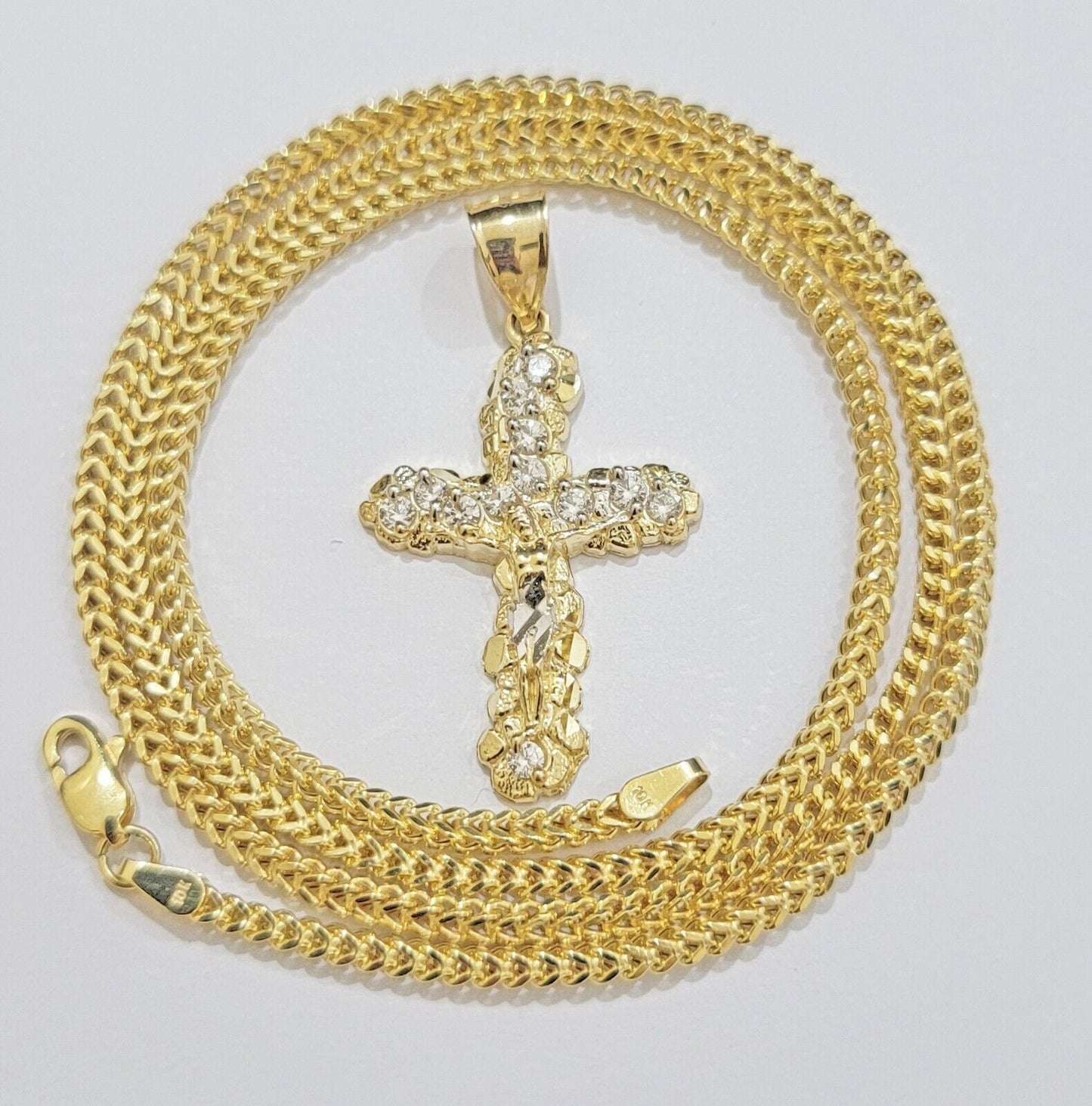 Real 10k Gold Cross Charm pendant & Franco Chain Necklace 2.5mm 24" Men Women