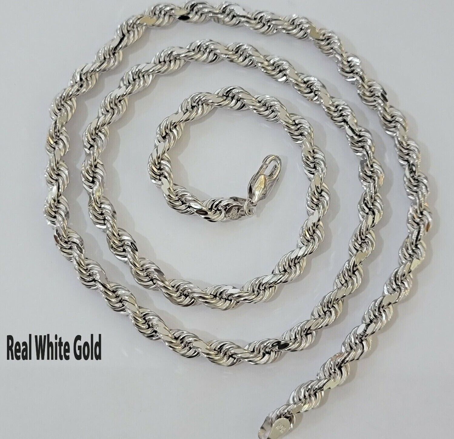 Real 10k White Gold Rope Chain Necklace 22 Inch 6mm Diamond Cuts Mens 10KT SOLID