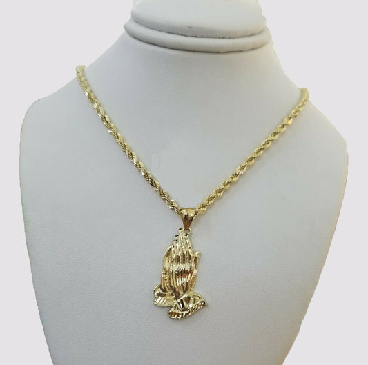 Real 10k Yellow Gold Chain & Charm Praying hand pendant , 26" 3mm Rope Necklace