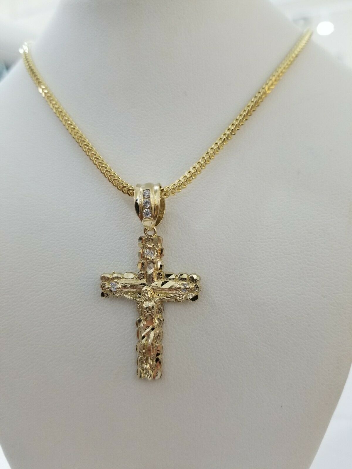 REAL 10k Yellow Gold Franco Chain & Cross Charm Pendant Set 16"-26" 2mm Necklace