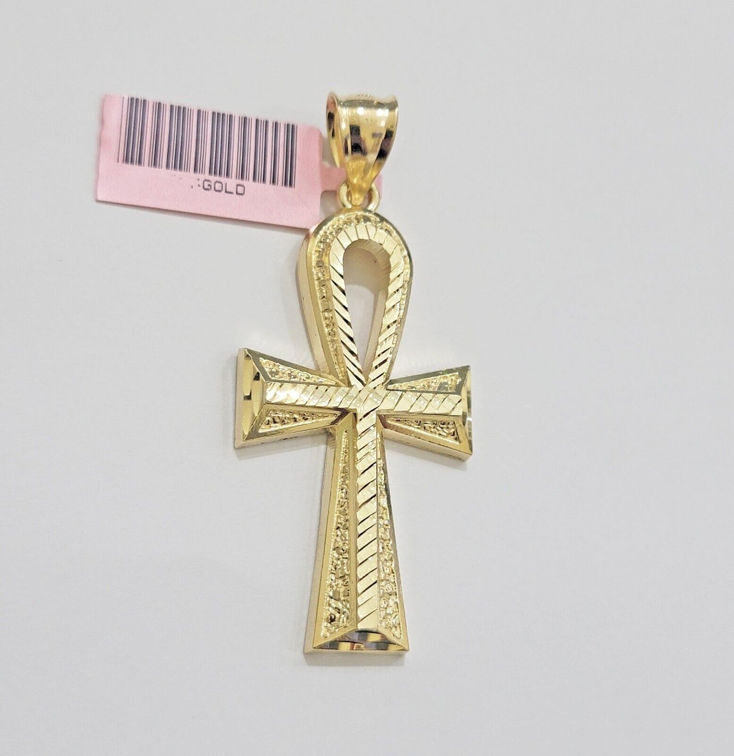 Real 10k Yellow Gold Ankh charm pendant 1.5" Diamond Cuts Cross Charm for Chain