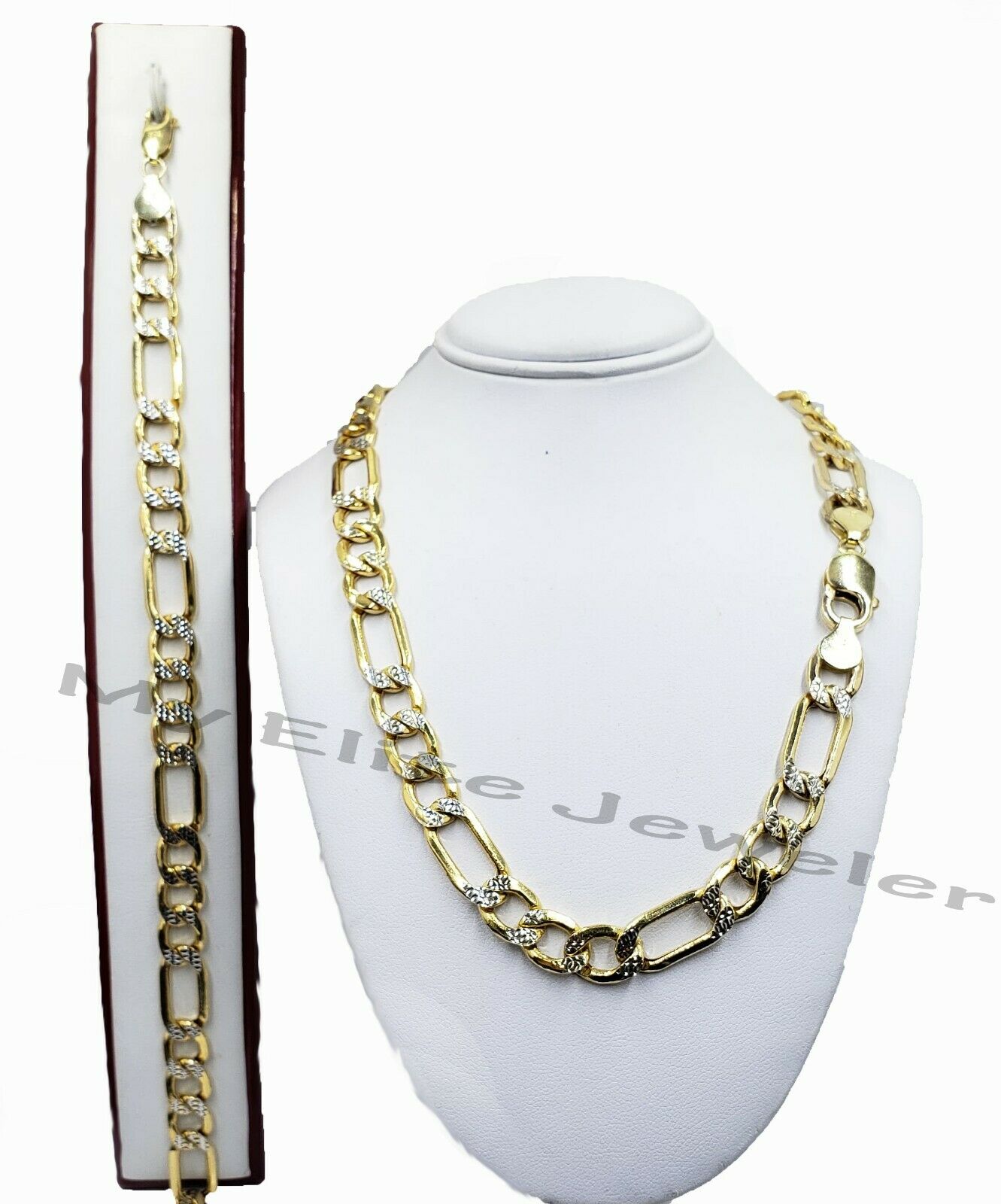 10k Gold Figaro Chain Bracelet SET 26" 9Inch 8mm REAL Cadena de oro para hombre