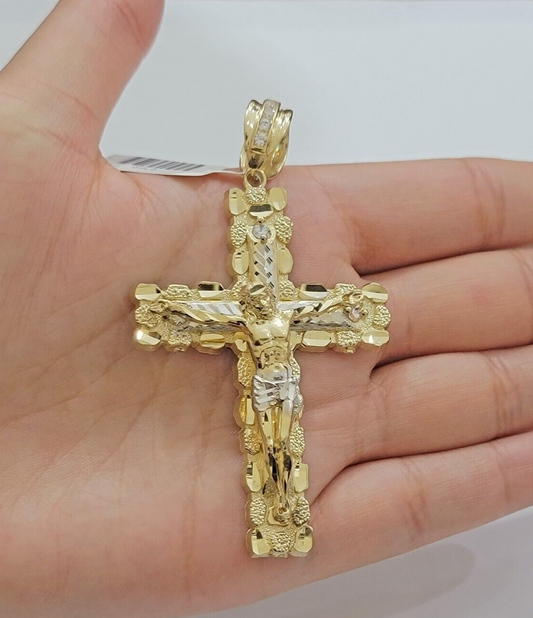 14k Yellow Gold Cross Nugget Pendant Jesus Crucifix 3.75"  14kt Gold Men's REAL