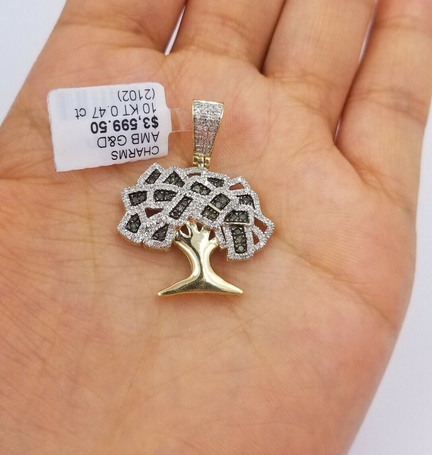 Money Tree charm Pendant REAL 10k Yellow Gold Genuine Natural Diamonds For Mens