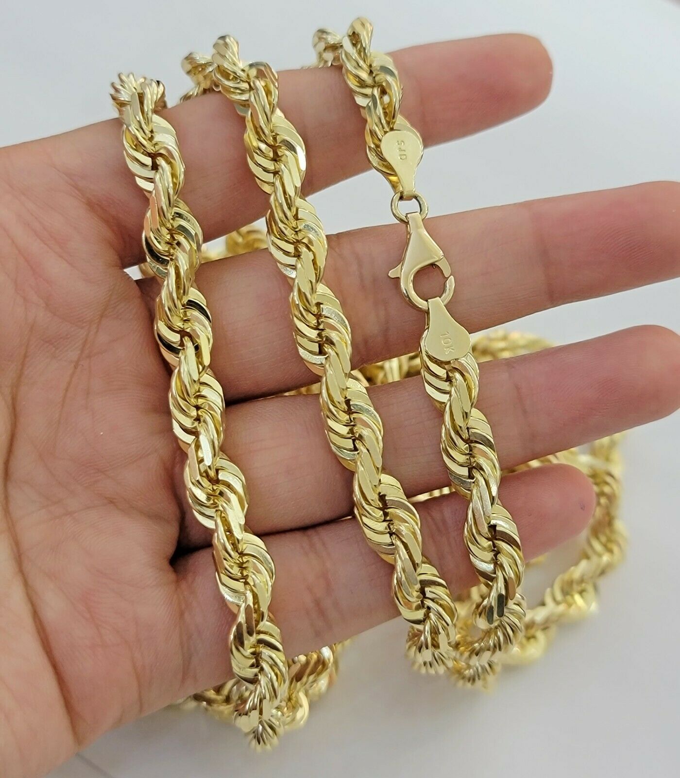 Solid Gold 10K Rope Chain 8mm 18-30 inch 10kt Yellow Gold Necklace Diamond Cut 22 inch