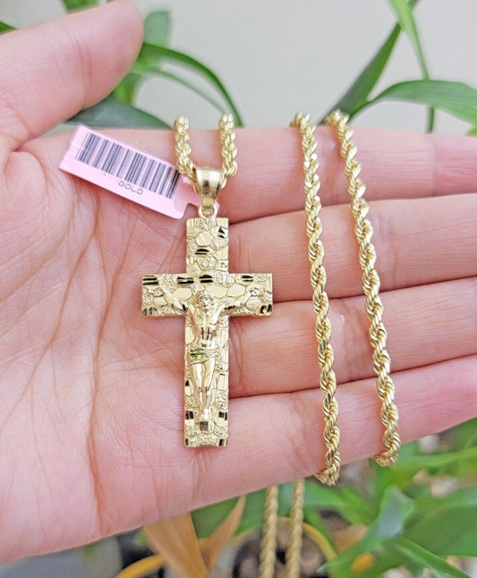 10k Yellow Gold Rope Chain Nugget Cross Charm Set 20 Inch necklace pendant, REAL