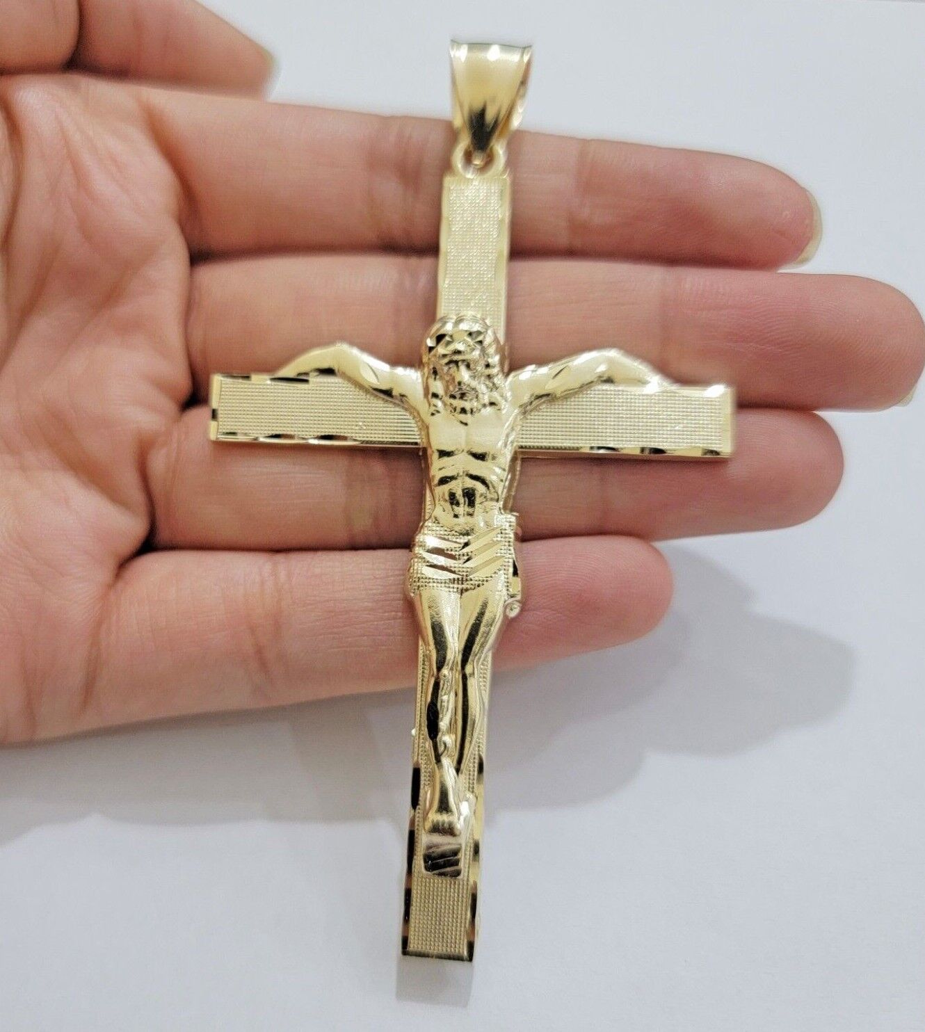 Real 10k Yellow Gold Cross Charm Pendant Jesus Crucifix 3.5" Inch 10KT For Chain