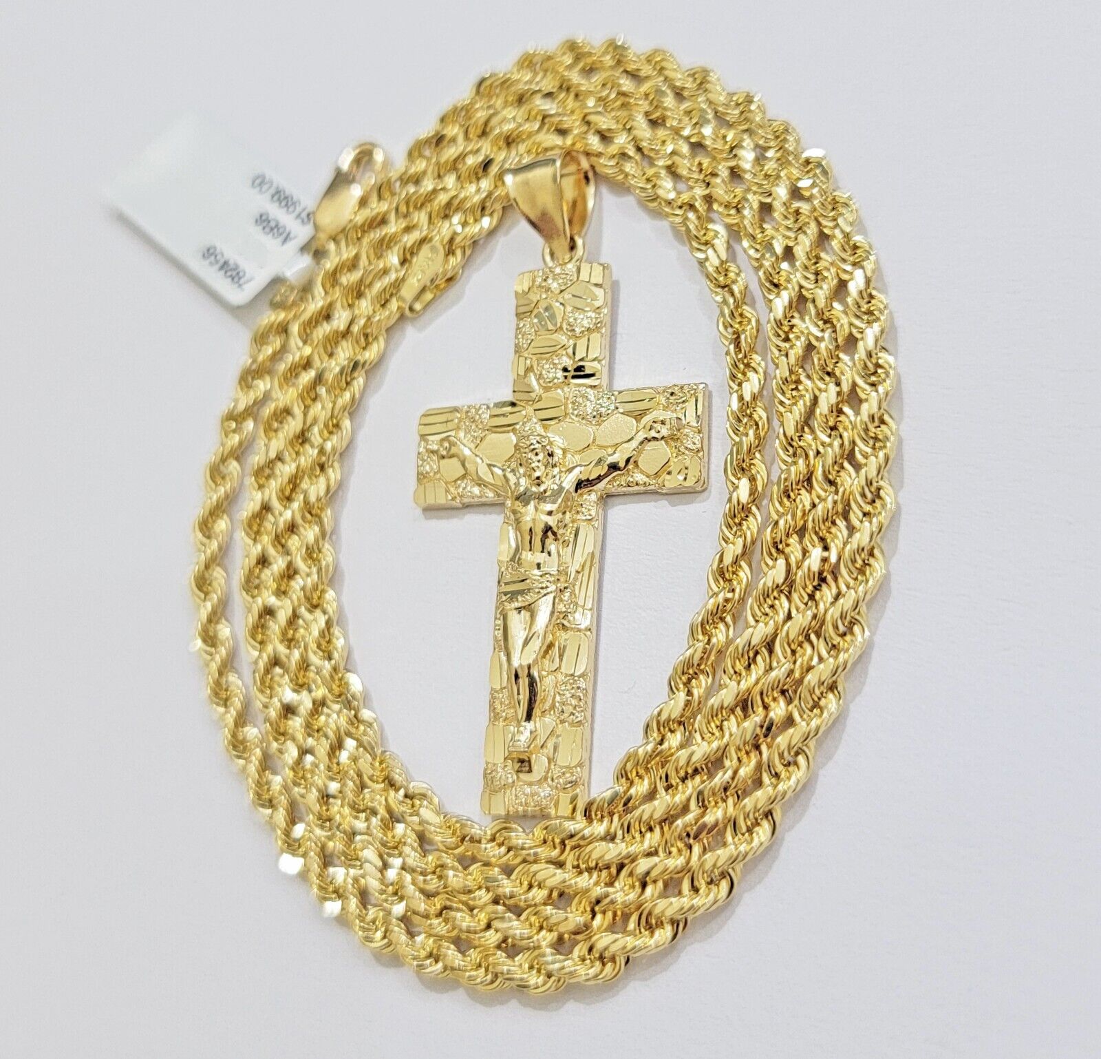 10k Yellow Gold Rope Chain Nugget Cross Charm Set 20 Inch necklace pendant, REAL