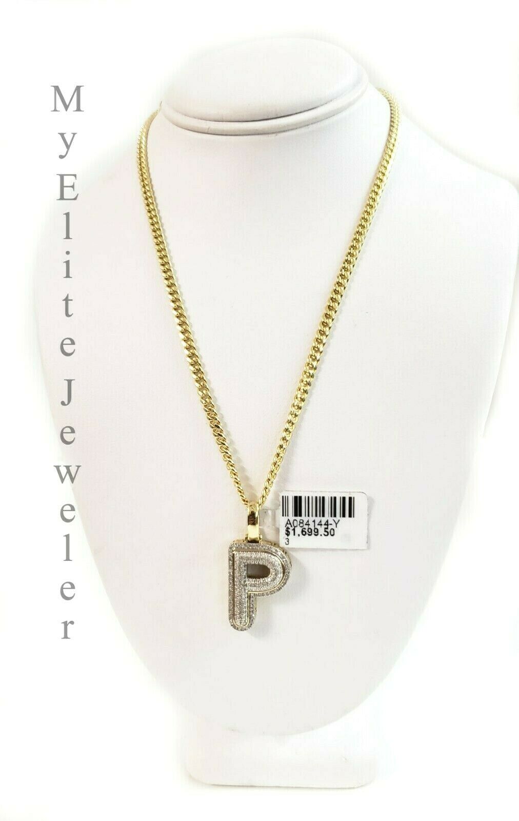 10k Yellow Gold Cuban Chain Diamond Initial P Charm Alphabet 0.29CT Diamond REAL