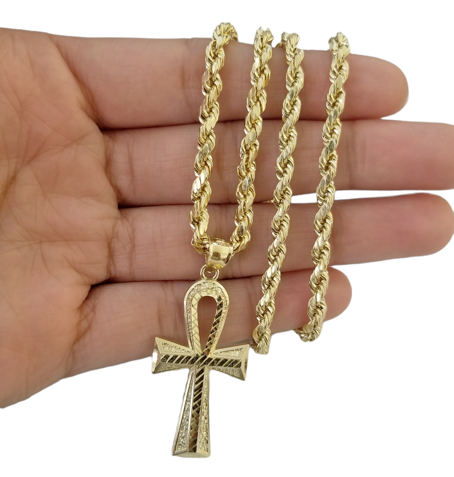 Real 14k Yellow Gold Ankh charm pendant 2.2 Inches Diamond Cuts Charm for Chains