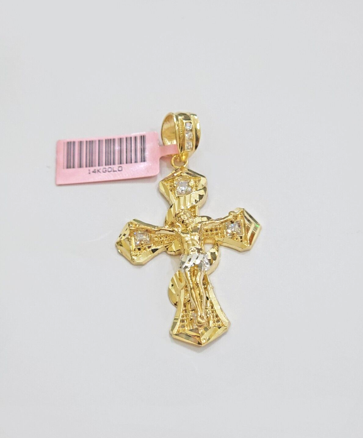 14k Yellow Gold Cross Charm Jesus Pendant 2 Inch CZ Crucifix For Chain 14kt SALE