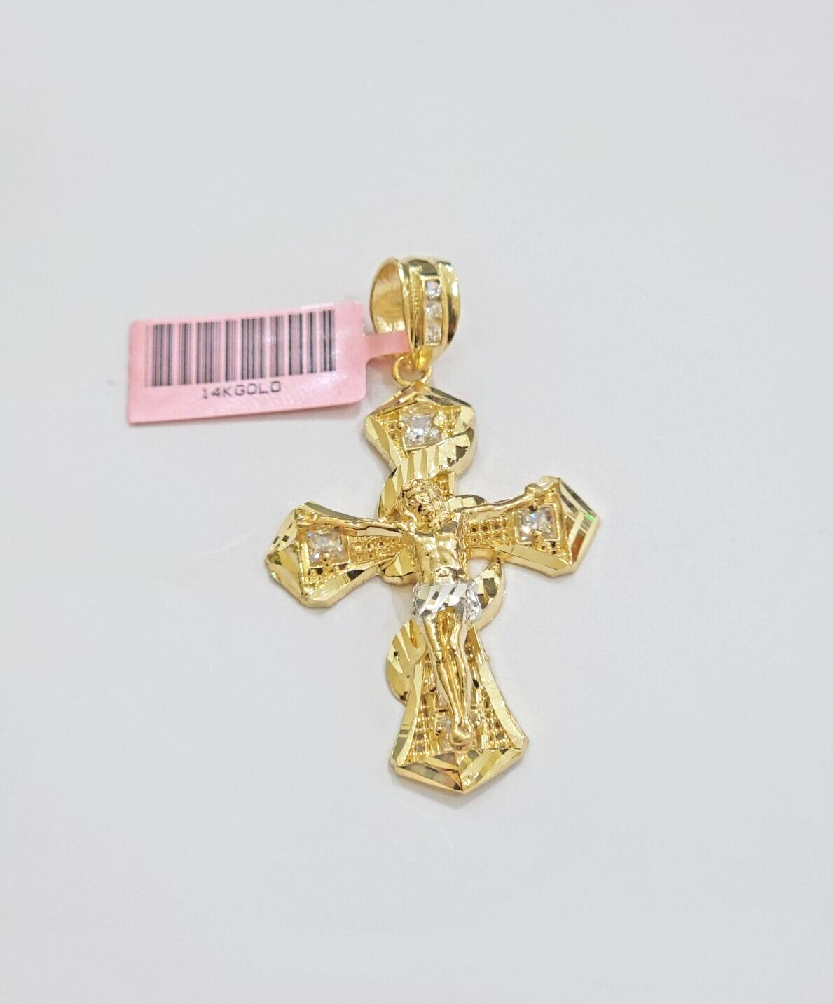 14k Yellow Gold Cross Charm Jesus Pendant 2 Inch CZ Crucifix For Chain 14kt SALE
