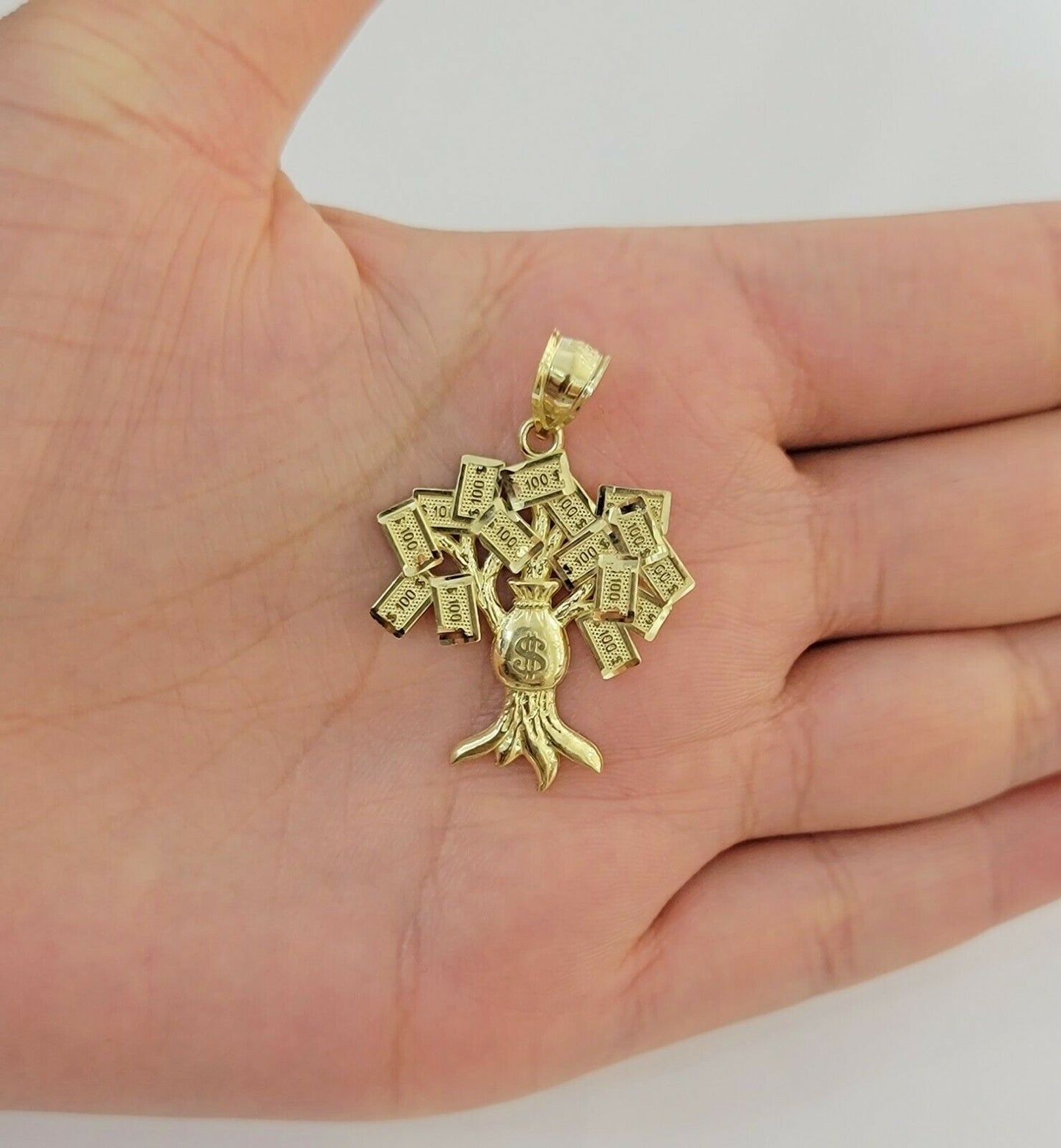 REAL 10kt Rope Necklace 24" With 10k Yellow Gold Pendant Money Tree Charm,UNIQUE