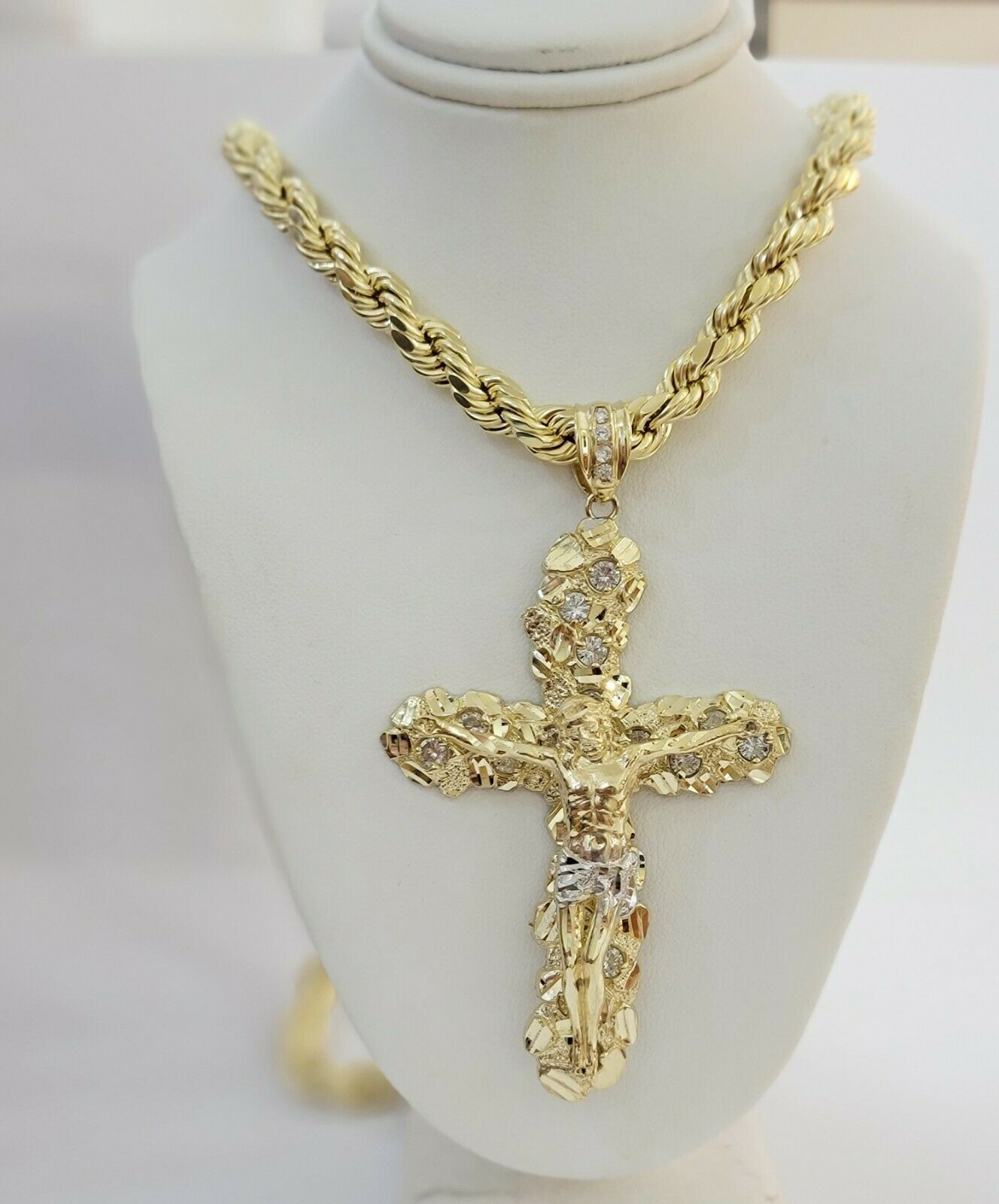 10k Gold Cross Pendant Men's 3.5 Inch long10kt Yellow Gold Jesus Crucifix, REAL