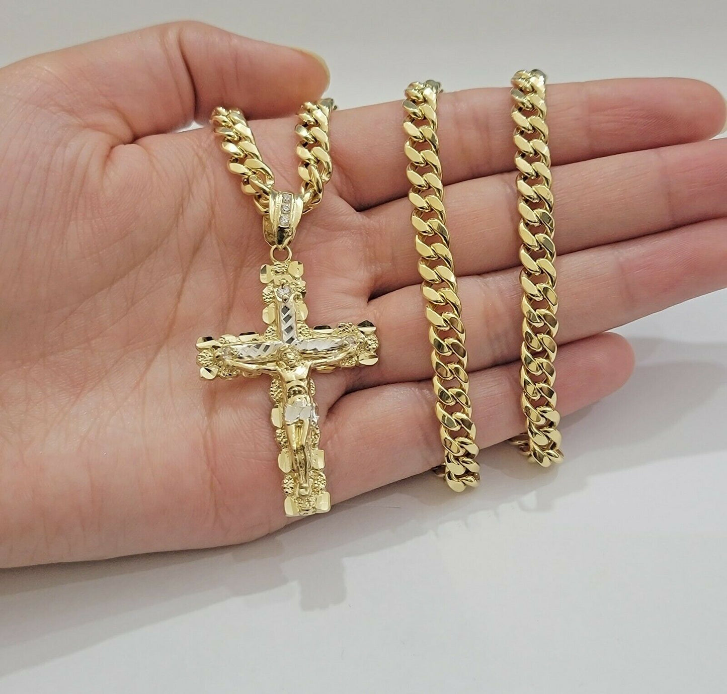 14k Gold Chain Cross SET Miami Cuban Link Necklace 7.5mm 22"- 28" ,Charm Pendant