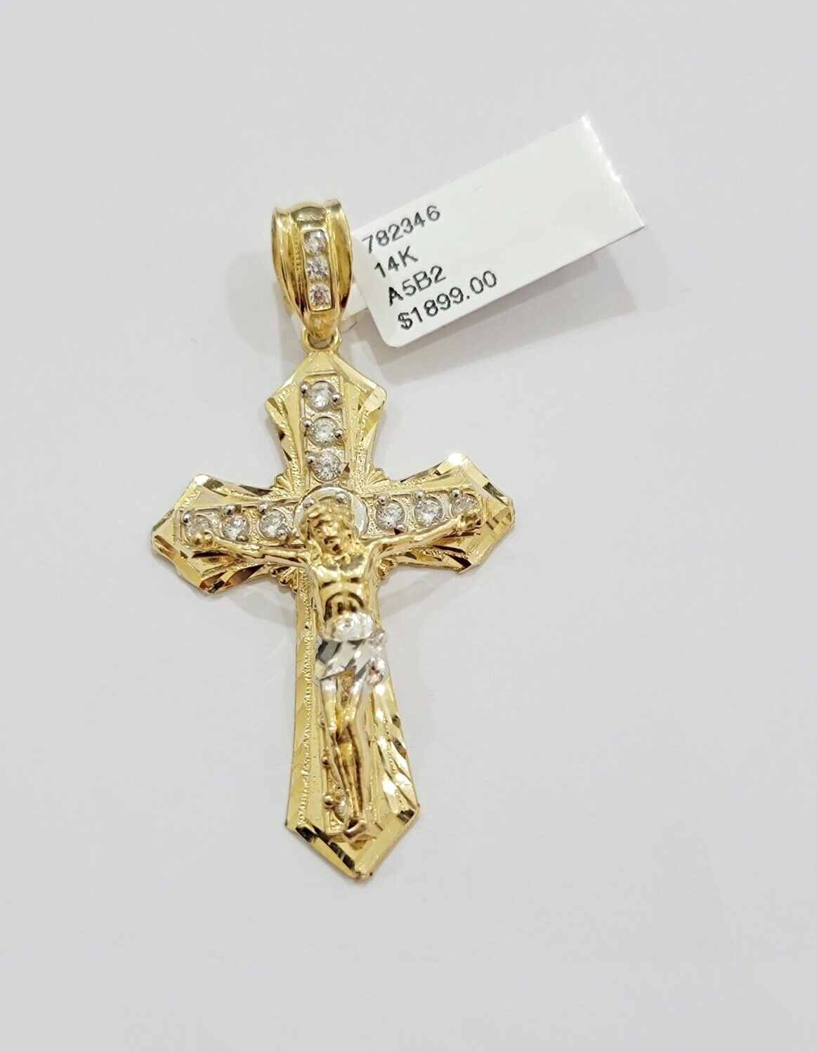 14k Yellow Gold Cross Jesus Crucifix Pendant 2 Inch 14kt CZ Charm Mens REAL 14kt
