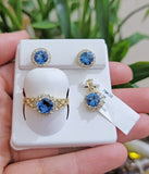 Real 10k Yellow Gold Ladies earring ring & pendant Blue heart Sapphire set ,10KT