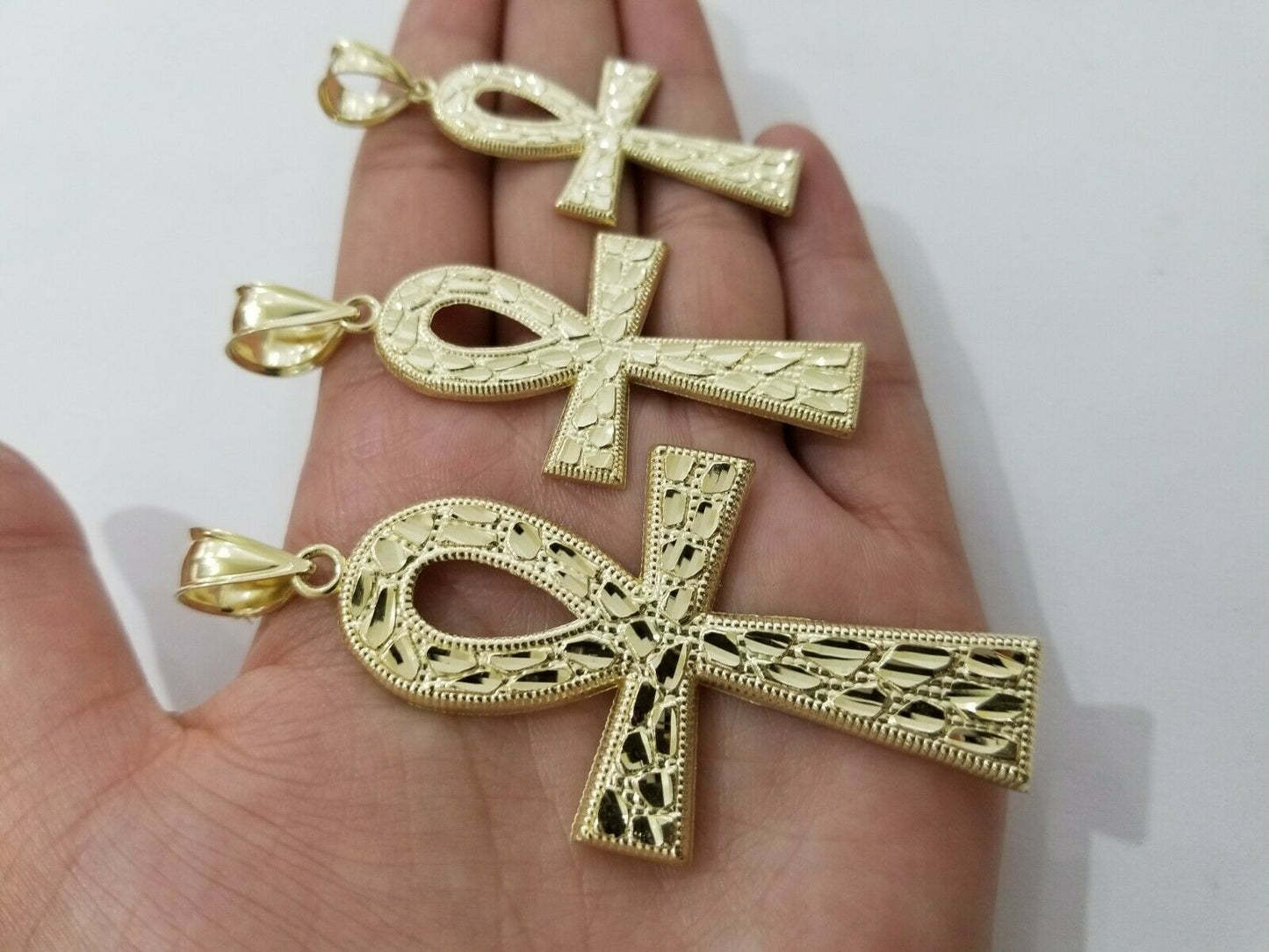 Real Gold Ankh Cross Charm Pendant 10k Yellow Gold Nugget Diamond Cuts Men Women