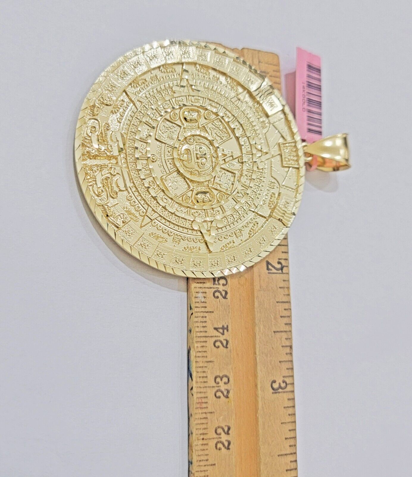 SOLID Real 14kt Yellow Gold Pendant Aztec Mayan Calendar 3.2" Men's Round Charm