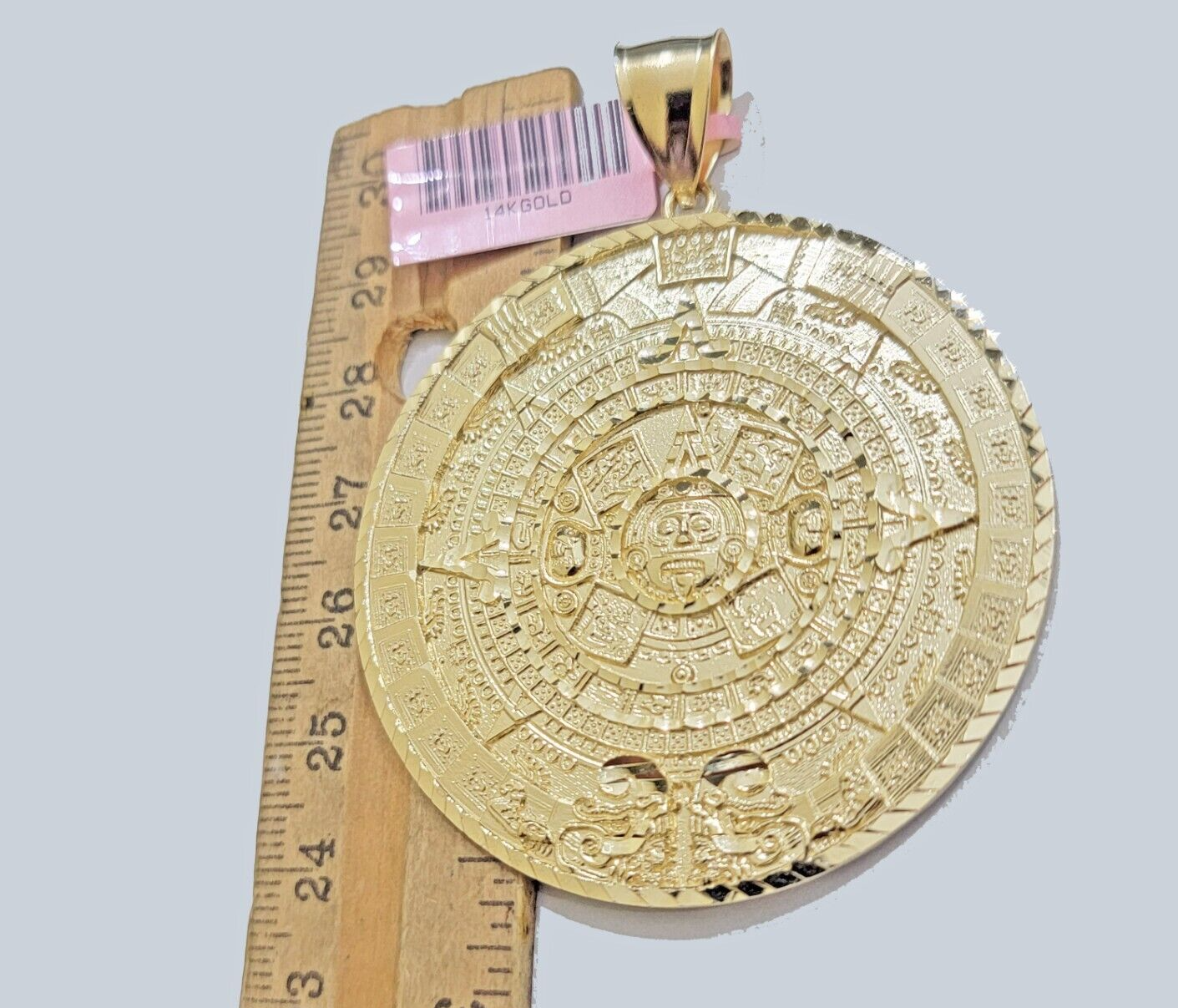 SOLID Real 14kt Yellow Gold Pendant Aztec Mayan Calendar 3.2" Men's Round Charm