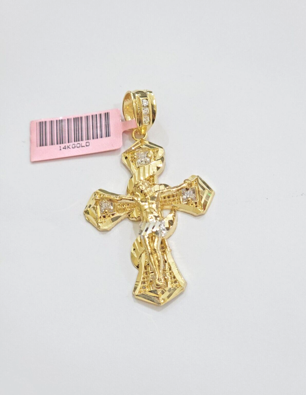 14k Yellow Gold Cross Charm Jesus Pendant 2 Inch CZ Crucifix For Chain 14kt SALE
