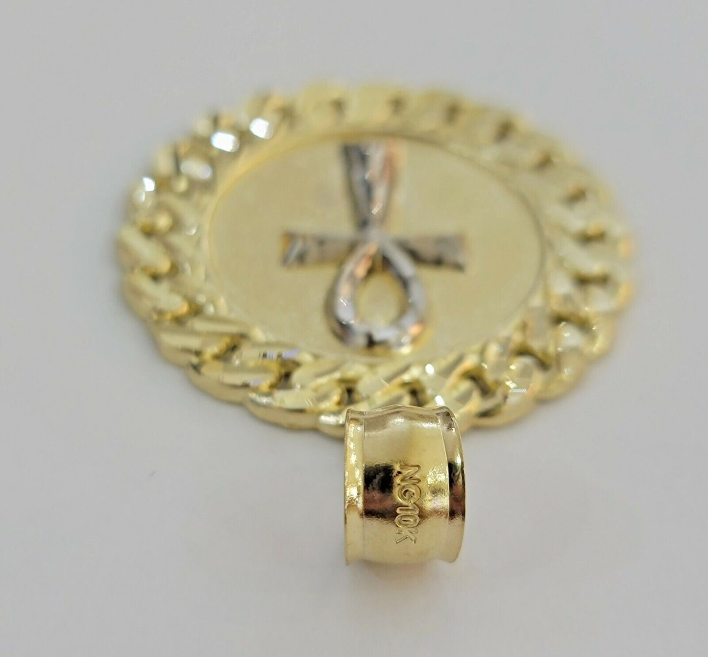 Real 10k Yellow Gold Charm Pendant Ankh Cuban Link Style Medallion Round 10kt