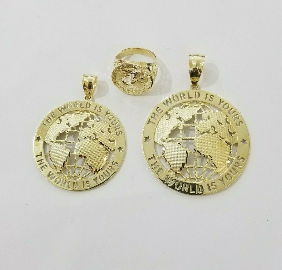 Real 10k Yellow Gold World Map Charm Pendant Ring The World Is Yours Engraved