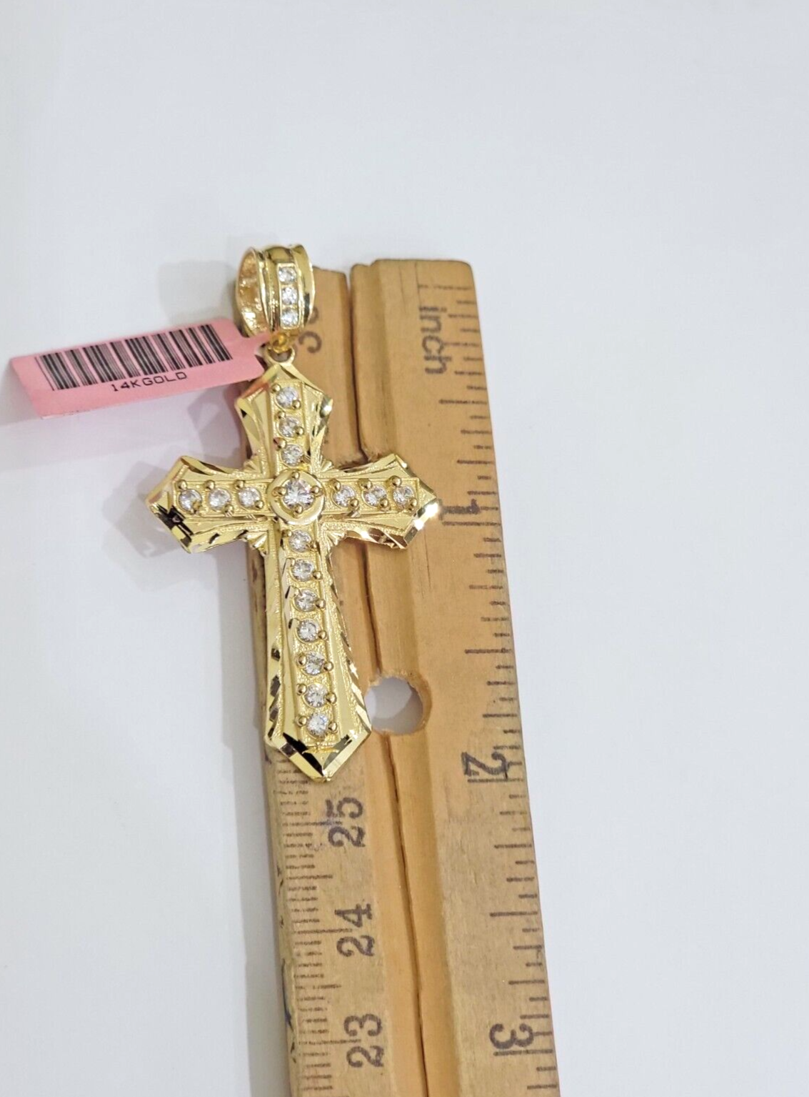 Real 14k Yellow Gold Cross Charm Pendant Inch Diamond Cuts CZ