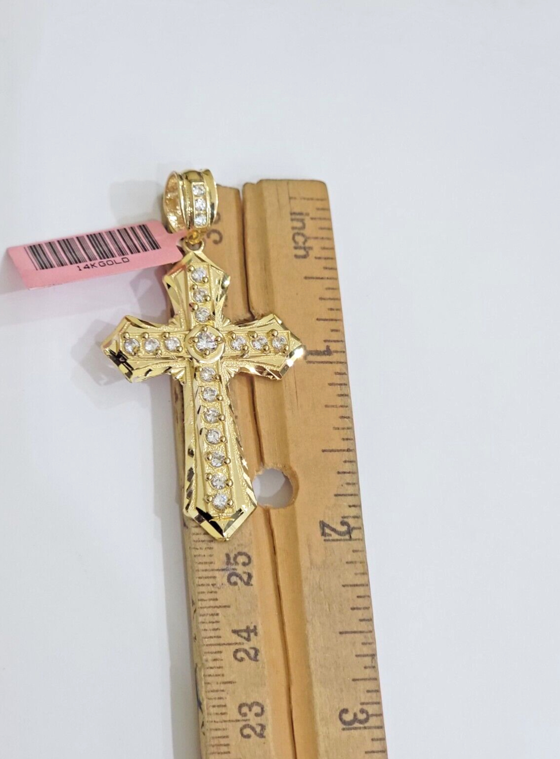 Real 14k Yellow Gold Cross Charm Pendant 2 Inch Diamond Cuts CZ Charm For Chains
