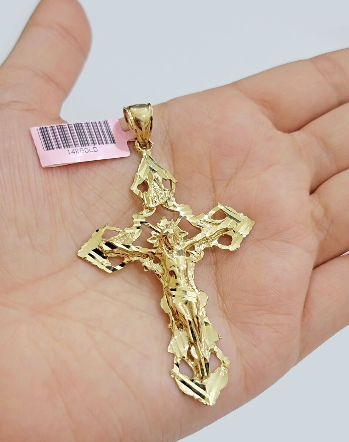 14k Yellow Gold Jesus Cross Charm Pendant 3 Inches Crucifix Chain Necklace SALE