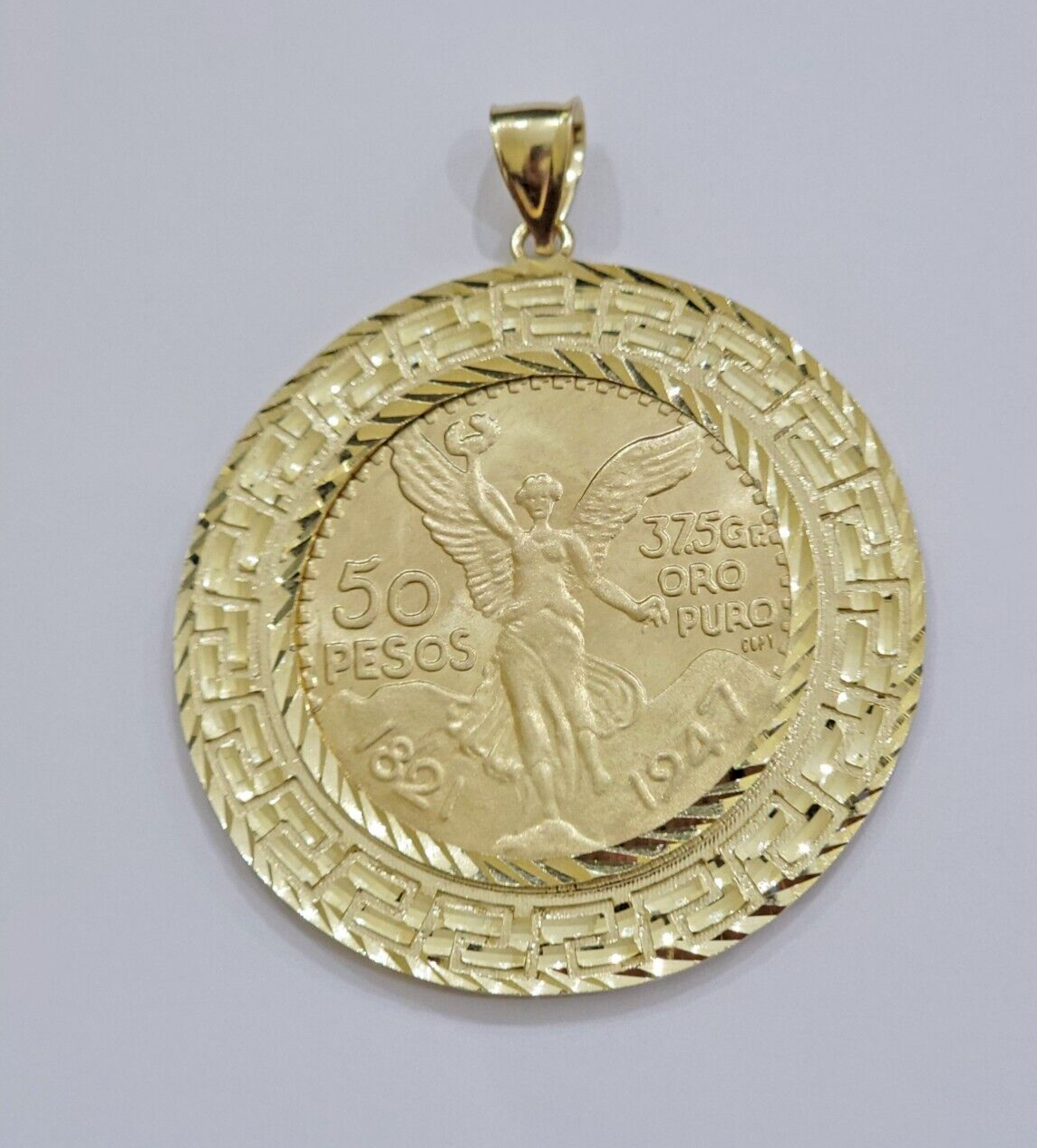 1947 Mexican Centenario Coin Charm Pendant 50 pesos With Bezel Solid 10kt Gold
