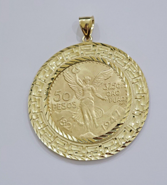 1947 Mexican Centenario Coin Charm Pendant 50 pesos With Bezel Solid 10kt Gold
