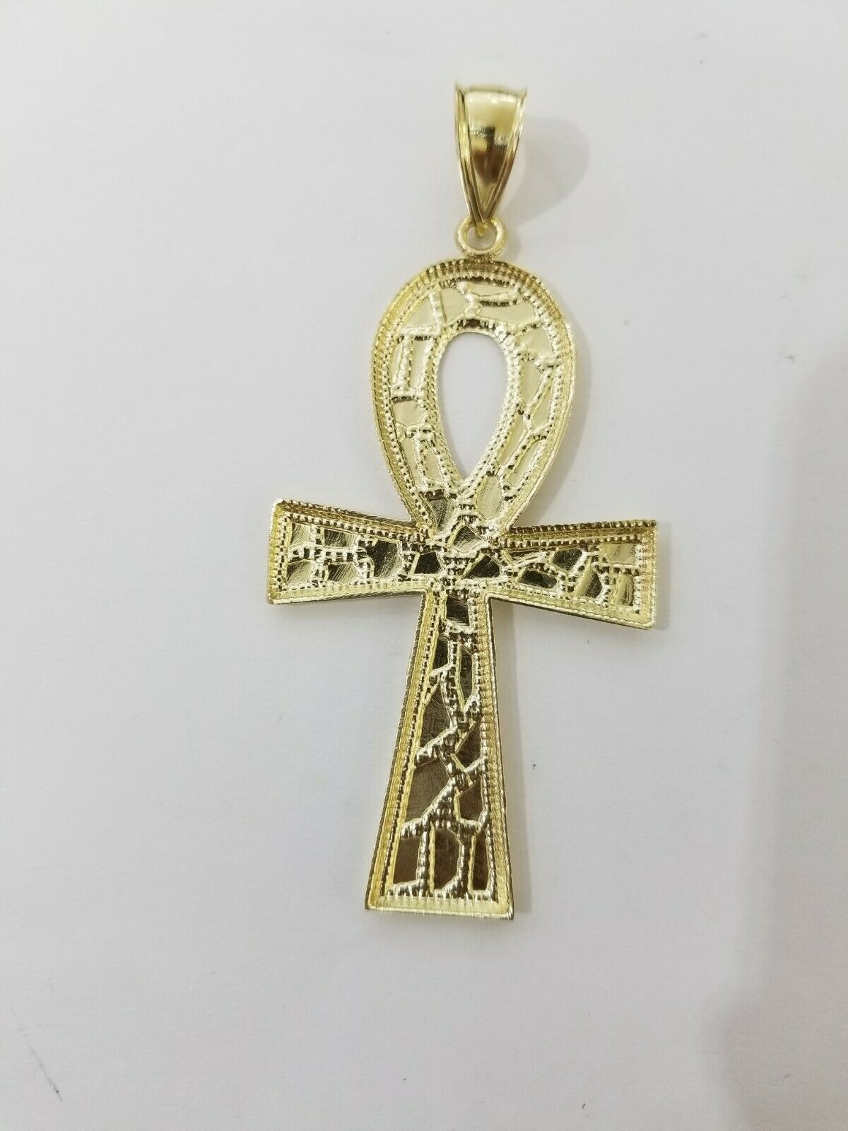 Real Gold Ankh Cross Charm Pendant 10k Yellow Gold Nugget Diamond Cuts Men Women