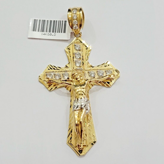 14k Yellow Gold Cross Charm Pendant Jesus Crucifix 3" With Stone Mens REAL 14kt
