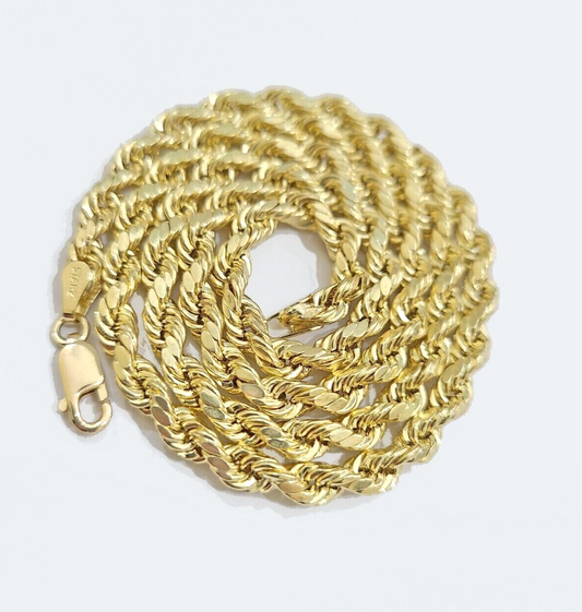 Real 14k Gold Rope chain 26 Inch 4mm Diamond Cuts 14kt Yellow Gold Men Women