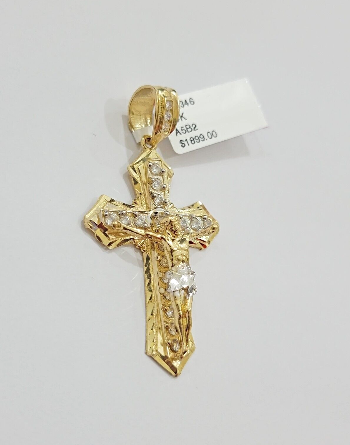 14k Yellow Gold Cross Jesus Crucifix Pendant 2 Inch 14kt CZ Charm Mens REAL 14kt
