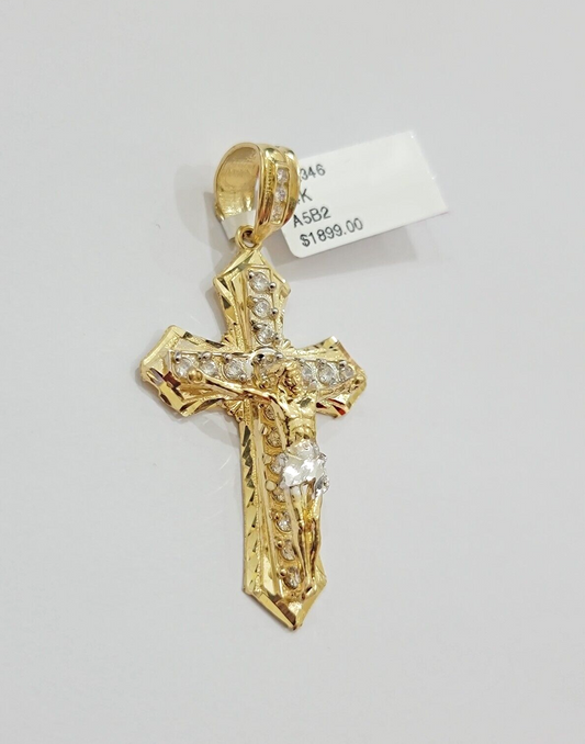 14k Yellow Gold Cross Jesus Crucifix Pendant 2 Inch 14kt CZ Charm Mens REAL 14kt
