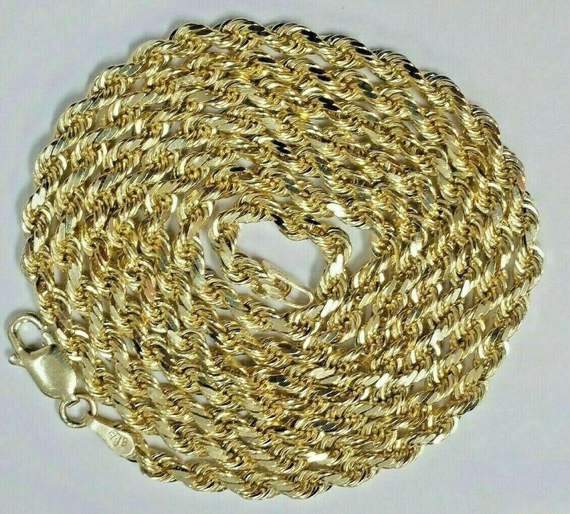 Real 10k Gold Rope chain 3mm 4mm Necklace 10KT yellow Gold 16-30" Diamond Cut