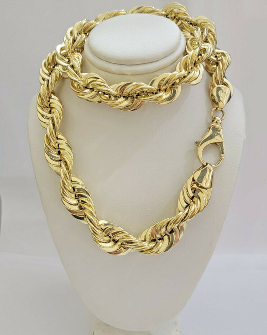 REAL 10K Yellow Gold Rope Chain Necklace 15MM Thick 22" Diamond Cut MEN'S,SHORT