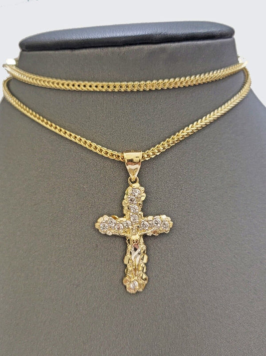 Real 10k Gold Cross Charm pendant & Franco Chain Necklace 2.5mm 18" Men Women