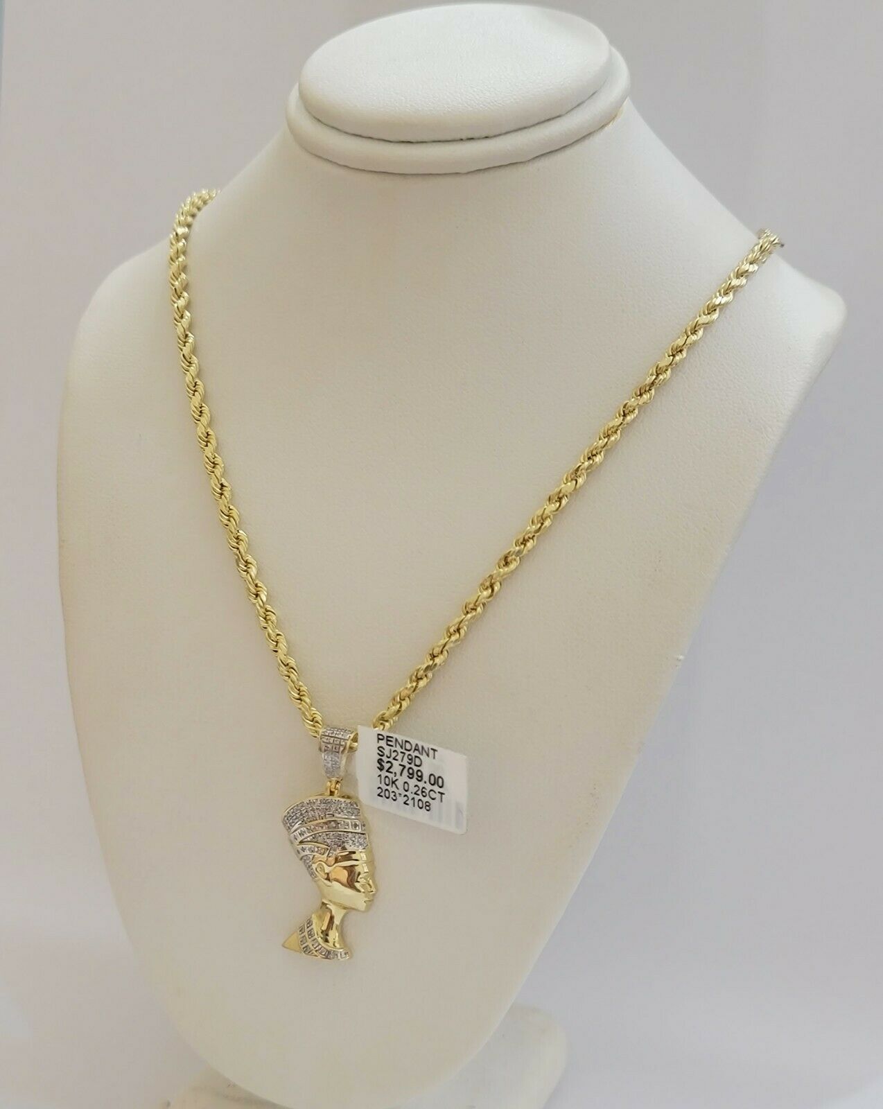 REAL 10k Gold Rope Chain Diamond Pendant Pharaoh Head SET 3mm Necklace 18