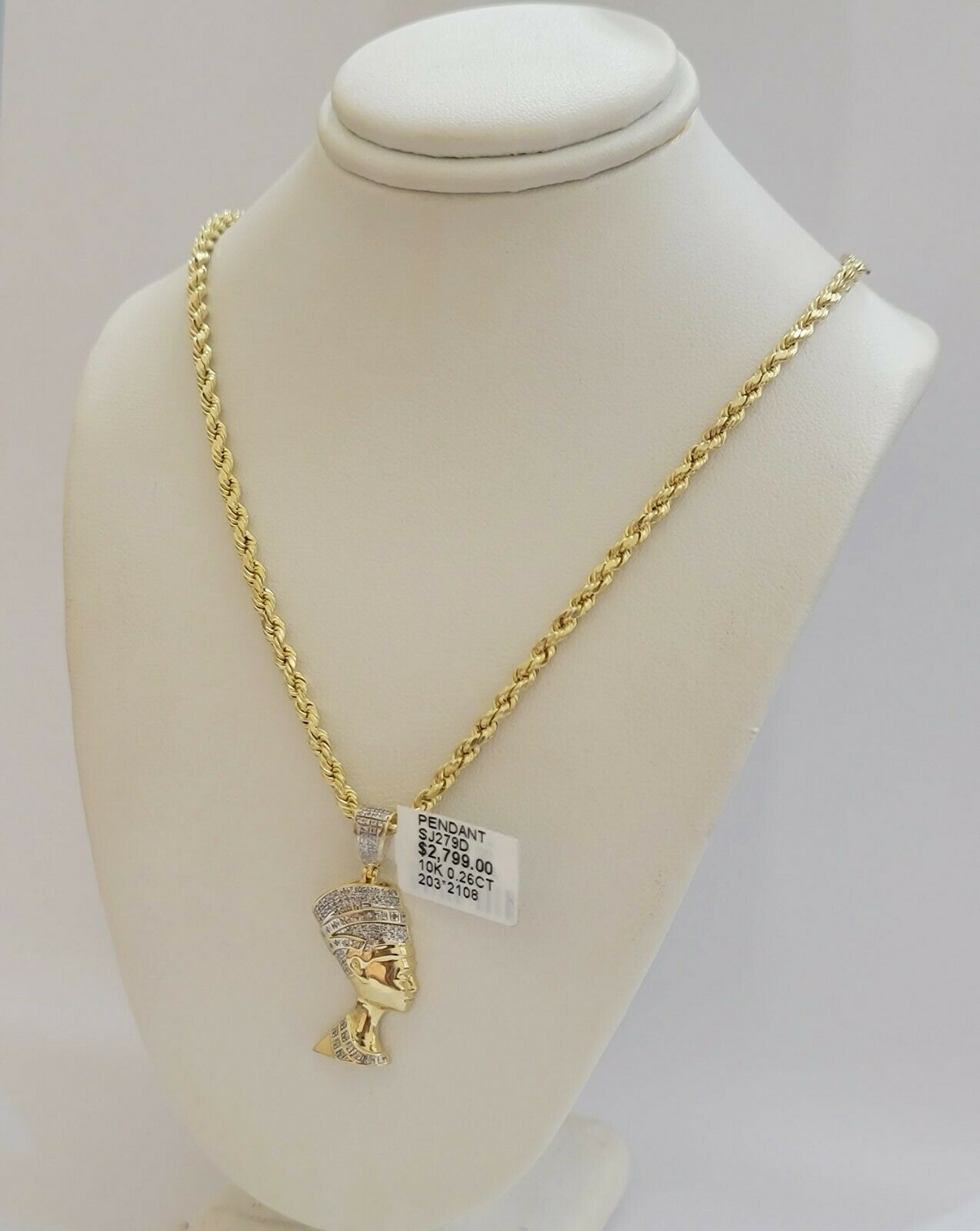 REAL 10k Gold Rope Chain Diamond Pendant Pharaoh Head SET 3mm Necklace 18" - 28"