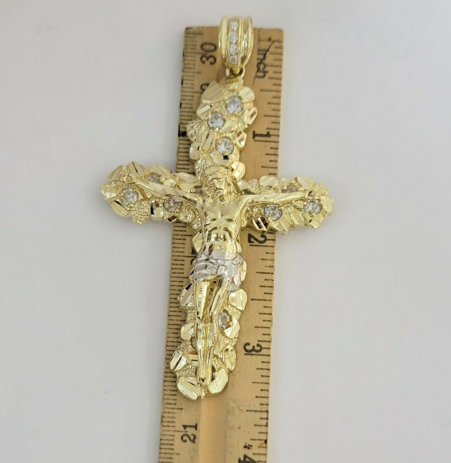 14k Yellow Gold Cross Nugget Jesus Crucifix Pendant 3.5 Inch 14kt Gold Mens REAL