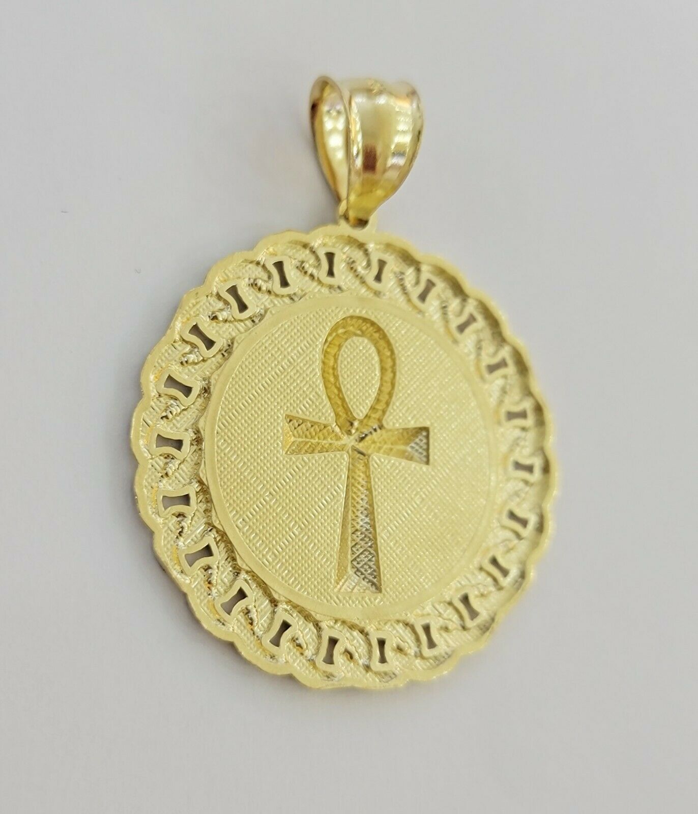 Mens Real 10kt Yellow Gold Ankh Cuban Pendant Charm Medallion Round 10k, Dia Cut