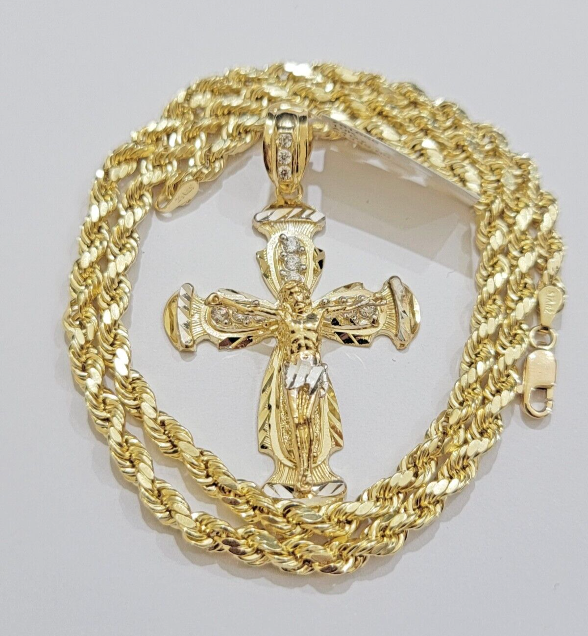 Real 10k Yellow Gold Cross Charm pendant Rope Chain Necklace 5mm 24" SET For Men