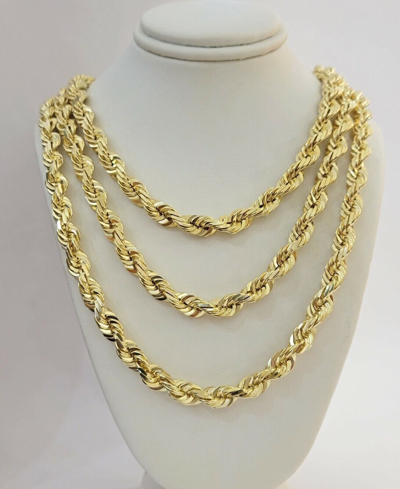 Real 14k Gold Rope chain Necklace 7mm Solid Link 14kt Yellow Gold Diamond Cuts