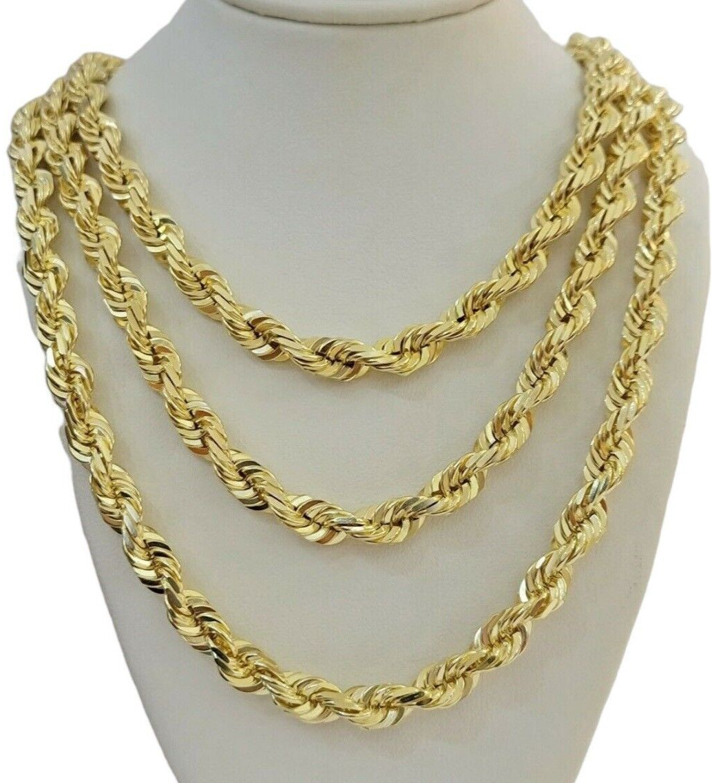Real 14k Gold Rope chain Necklace 7mm Solid Link 14kt Yellow Gold Diamnd Cut 26"