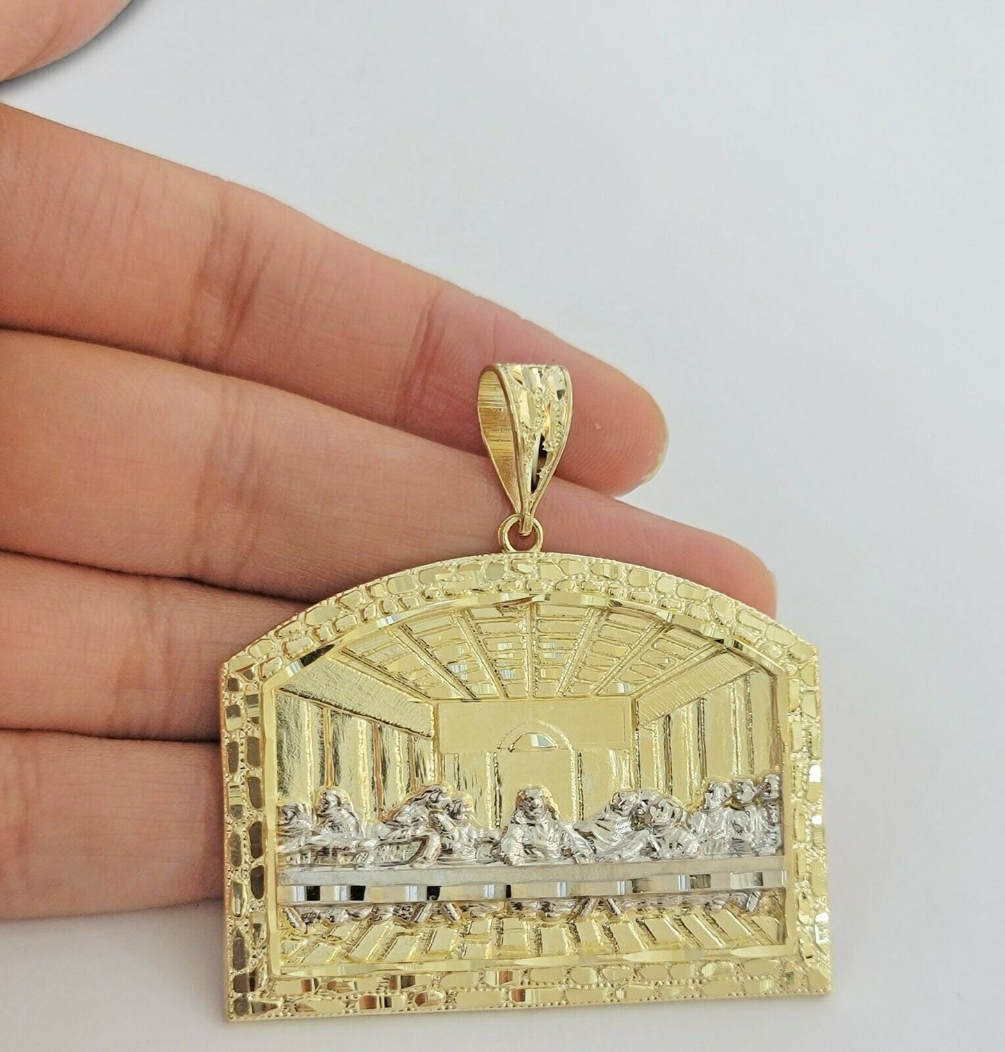 Men Real 10k Yellow Gold Nugget Last Supper Pendant Charm Medallion 2"Long SOLID