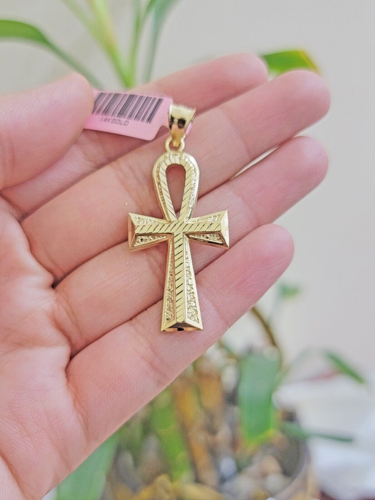 Real 14k Yellow Gold Ankh charm pendant 1.75 Inch Diamond Cuts Charm for Chains